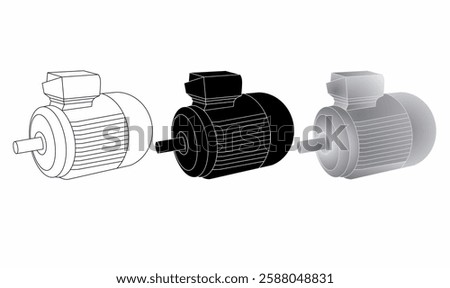 Detailed electric motor illustration in three styles: outline, solid, and gradient. Ideal for engineering, industrial, mechanical, and technical design projects