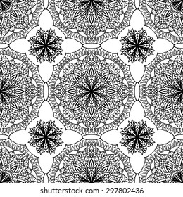 Detailed, elegant pattern of black lines on a white background. Seamless vector ornament of circular ornate elements.