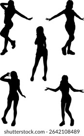 Detailed elegant silhouettes of woman with long hair wears short skirt and platform shoes. Ideal for fashion and artistic designs illustration. Abstract slim young woman in mini skirt posing.