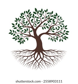 A detailed and elegant tree with roots and branches, Oak tree vector, Tree of life logo design, tree life logo, sustainable design element, green ecology graphics, botanical designs, nature logo.