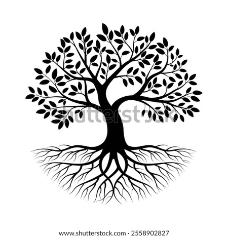 A detailed and elegant tree with roots and branches, Oak tree silhouette vector, Tree of life logo design, tree life logo, sustainable design element, green ecology graphics, botanical designs, nature