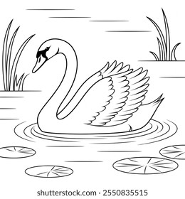 A detailed and elegant vector-style illustration of a graceful swan swimming on a serene lake 