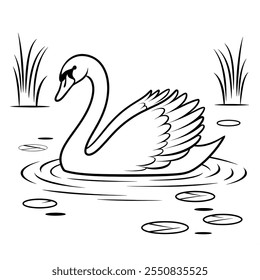 A detailed and elegant vector-style illustration of a graceful swan swimming on a serene lake