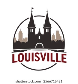 A detailed emblem design featuring the iconic Churchill Downs Twin Spires set against the Louisville skyline, capturing the essence of Kentucky's rich heritage and urban charm.