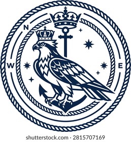 Detailed emblem featuring a crowned eagle perched on an anchor, surrounded by nautical elements