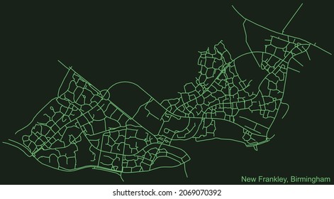 Detailed emerald green navigation urban street roads map on dark green background of the quarter New Frankley neighborhood of the English regional capital city of Birmingham, United Kingdom