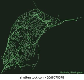 Detailed emerald green navigation urban street roads map on dark green background of the quarter Nechells neighborhood of the English regional capital city of Birmingham, United Kingdom