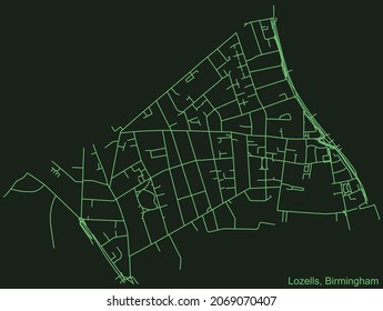 Detailed emerald green navigation urban street roads map on dark green background of the quarter Lozells neighborhood of the English regional capital city of Birmingham, United Kingdom