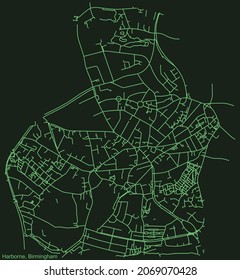Detailed emerald green navigation urban street roads map on dark green background of the quarter Harborne neighborhood of the English regional capital city of Birmingham, United Kingdom
