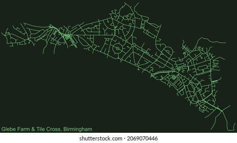 Detailed emerald green navigation urban street roads map on dark green background of the quarter Gib Heath neighborhood of the English regional capital city of Birmingham, United Kingdom