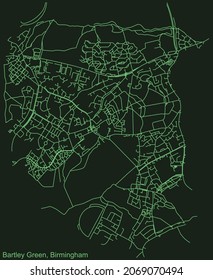 Detailed emerald green navigation urban street roads map on dark green background of the quarter Bartley Green neighborhood of the English regional capital city of Birmingham, United Kingdom
