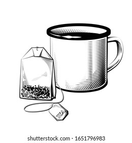 Mug esmalte detallado con el vector de esbozo de bolso de té. Ilustración de estilo Tea cup.