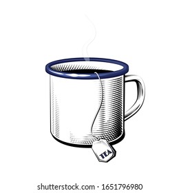 Detailed enamel mug with tea sketch vector. Metal white cup with blue brim ink style illustration.