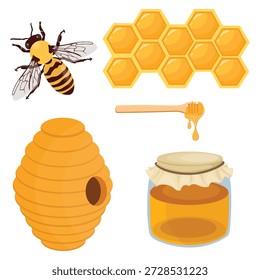A detailed and engaging vector composition celebrating the world of beekeeping and natural sweetness. The illustration features three adorable honey bees actively interacting with their environment: one flies towards a golden, honey-filled hexagonal cell, another rests on the comb, and a third inspects a traditional wooden dipper. The artwork highlights a prominent, dripping honeycomb and a classic kitchen tool, all cleanly isolated on white. Rendered in a warm, inviting, and slightly stylized vector style, this graphic is ideal for product packaging in the natural foods and organic skincare sector, educational content on pollination, branding for artisanal producers, eco-friendly business websites, and any design requiring a wholesome, rustic, or eco-conscious theme. The file includes layered, editable elements for maximum customization.
