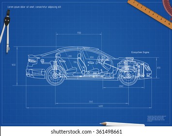 Detailed Engineering Blueprint Of The Car. Vector Illustration