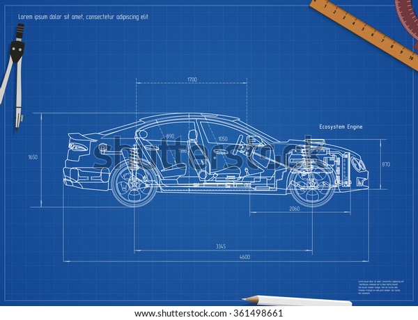 Detailed Engineering Blueprint of the car.\
Vector illustration