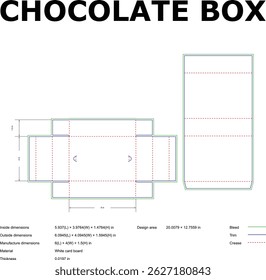 Diagrama detalhado do plano de engenharia para um projeto de embalagem direta de caixa de chocolate que mostra as dimensões e as especificações técnicas.