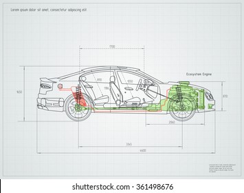 Detailed Engineering Drawing Of The Car. Vector Illustration