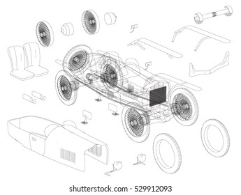 Detailed Engineering drawing of the retro car. vector