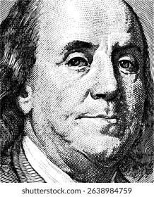 Detailed engraved portrait of Benjamin Franklin. Black white, classic currency style. Ideal for history, finance, education, or patriotic designs. Vector illustration.