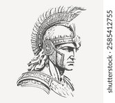 Detailed engraving of a Roman warrior wearing a feathered helmet and ornate armor. Classic historical art inspired by Greek and Roman military traditions.
