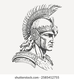 Detailed engraving of a Roman warrior wearing a feathered helmet and ornate armor. Classic historical art inspired by Greek and Roman military traditions.