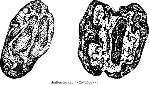 Detailed engraving vector art of dates, showcasing dried dates. Ideal for food, culinary, or nature themed stock designs.