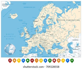 Detailed Europe Map and Colorful Map Markers. Detailed vector illustration of Europe Map.