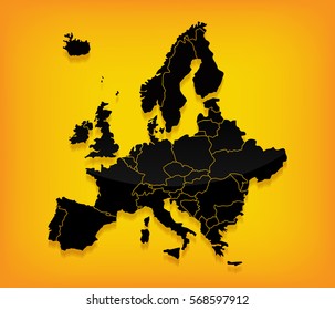 Detailed Europe Vector Map on Yellow Background with Shadows