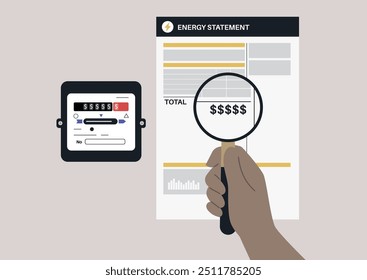 A detailed examination of an energy meter invoice through a magnifying glass to uncover charges, highlighting the importance of monitoring utility costs in monthly budgeting