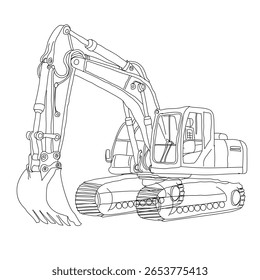 Ilustração detalhada da escavadora em contorno preto e branco. Ideal para manuais de construção, livros de colorir, material educacional e obras de arte com temática industrial.