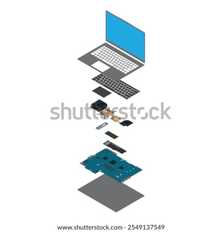 Detailed exploded view of a laptop showing disassembled components and hardware layers