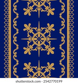 Frontera exquisitamente detallada de rica decoración. Bordado de seda dorada sobre fondo azul marino asociado con elegancia y autoridad, mientras que el oro agrega opulencia y calidez. Rayas, Cojines, Lily, Grand.