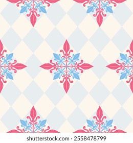 Detailed Exquisitely Scroll Ornament Pink Blue Florals on Geometric Argyle Pattern. Luxury Embroidery Seamless Vector for Decoration Silk Weaves Attire Men's Wear Carpet Wallpaper Classy Rich Design.