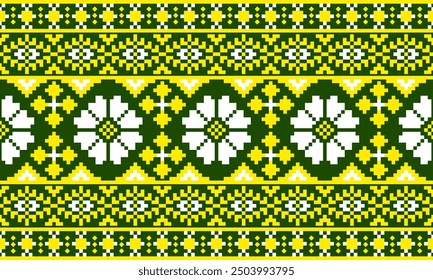 a detailed fabric pattern composed of pixel designs ,white and yellow flowers ,yellow and white square on green background.