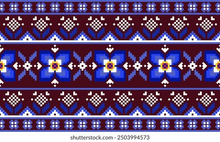 a detailed fabric pattern composed of pixel designs ,blue flowers ,blue and white square on dark red background.