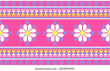 a detailed fabric pattern composed of pixel designs ,white flowers ,light blue and yellow shape on pink background.