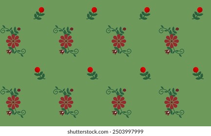 Un patrón de tela detallado compuesto de diseños de forma, flor roja, hoja sobre fondo verde.