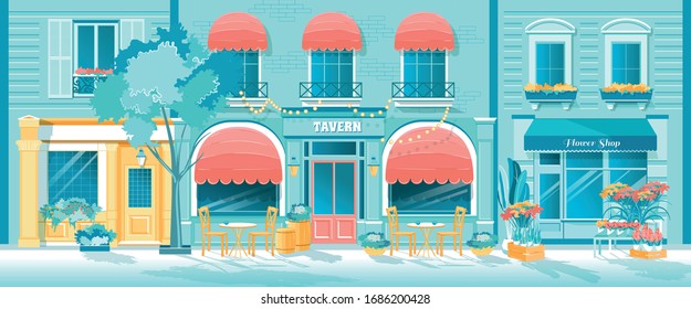 Detailed Facade of Bright Architecture Building. Decorative Light, Balcony, Flower on Front of Houses. Table with Chair near Tavern Bar on Sidewalk. Modern Flat Cartoon Vector Illustration