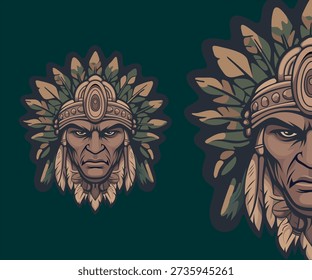 Detailed face of a Native American tribal warrior with feathers in war paint by stylized leaves and ornamental ethnic details on a green background