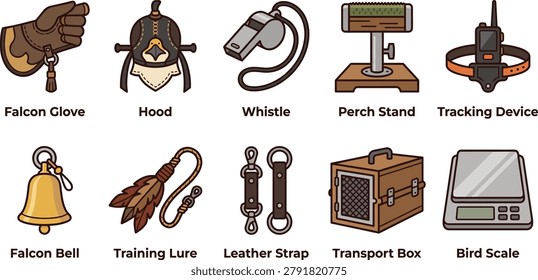 Detailed falconry equipment vector collection including falcon glove, hood, whistle, perch stand, tracking device, bell, training lure, transport box, and bird scale. Perfect for wildlife education, bird handling, hunting traditions, conservation materials, and outdoor sports illustrations.