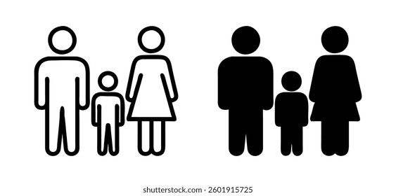 A detailed family icon set featuring parent and child silhouettes, household figures, and family symbol designs, ideal for diverse graphic and illustration projects.