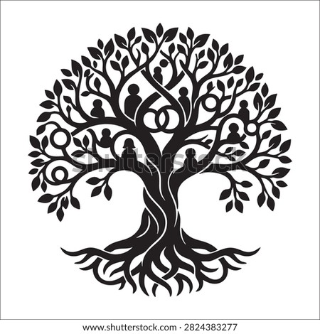 Detailed family tree design featuring integrated human silhouette profiles and wedding rings within branches signifying genealogy heritage ancestry lineage and generational connections in black and white.