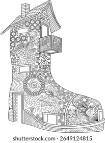 Detailed fantasy boot house illustration with intricate patterns, perfect for adult coloring, relaxation, and creative art projects.