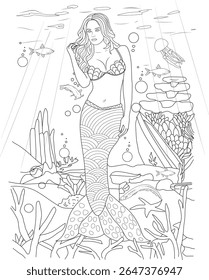 Ilustração detalhada da sereia da fantasia com vida submarina para livros de colorir adultos e crianças, uma arte mágica da linha preta e branca para o relaxamento e a criatividade em um mundo aquático.