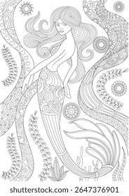 Detailed Fantasy Mermaid Line Art Illustration for Adult Coloring Books, Featuring Ornate Patterns, Swirls, and Botanical Elements, Ideal for Relaxation, Mindfulness, and Creative Expression