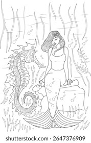 Detailed fantasy mermaid and seahorse black and white line art illustration, ideal for coloring books, relaxation, and creative projects.