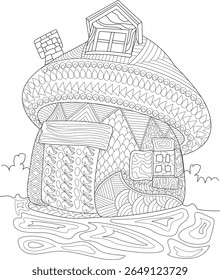 Detailed fantasy mushroom house line art for adult coloring books, featuring whimsical patterns, a cozy abode, and enchanting forest elements. Perfect for creative relaxation and stress relief.