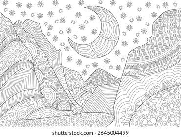 Detailed fantasy night landscape with crescent moon and stars above patterned mountains, intricate line art illustration for adult coloring books, featuring various geometric and organic textures.