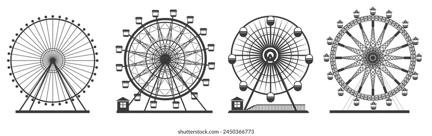 Detailed ferris wheel in silhouette isolated on white background. Vector illustration suitable for amusement park themes.